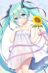 Rule 34 | 1girl, :d, aqua hair, aqua nails, bare arms, bare shoulders, blue eyes, blush, bow, bubble, collarbone, commentary request, dress, fingernails, flower, gradient background, hair between eyes, hand on own chest, hands up, hatsune miku, head tilt, holding, holding flower, long hair, looking at viewer, nail polish, open mouth, pink bow, pink ribbon, ribbon, sidelocks, sleeveless, sleeveless dress, smile, solo, sundress, twintails, usashiro mani, very long hair, vocaloid, white background, white dress, yellow flower