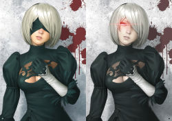 Rule 34 | 1girl, black blindfold, black dress, black hairband, blindfold, breasts, cleavage cutout, clothing cutout, dress, feather-trimmed sleeves, glowing, glowing eyes, hairband, looking at viewer, medium breasts, mole, mole under mouth, nier (series), nier:automata, pale skin, parted lips, red eyes, short hair, silver hair, upper body, watanabe yasuaki, 2b (nier:automata)
