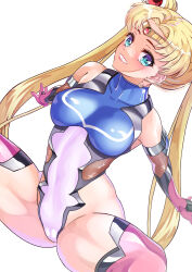 Rule 34 | 1girl, absurdres, arion canvas, bishoujo senshi sailor moon, blonde hair, blue eyes, bodysuit, breasts, gloves, highleg, highleg leotard, highres, large breasts, leotard, long hair, looking at viewer, magical girl, sailor moon, simple background, solo, split, spread legs, taimanin (series), tsukino usagi, twintails, very long hair, white background