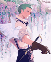 Rule 34 | 1boy, absurdres, animal, bird, bow, flower, from side, gloves, green hair, hand up, happy birthday, highres, light smile, male focus, one eye closed, one piece, plant, roronoa zoro, scar, scar across eye, sheath, sheathed, shirt, short hair, sleeves rolled up, solo, suspenders, sword, towne, weapon, white bird, white shirt, wisteria