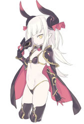 Rule 34 | 1girl, :o, aged down, armor, bikini, bikini armor, black bikini, black cape, black thighhighs, blade (galaxist), breasts, cape, carmilla (fate), cropped legs, cross-laced footwear, dragon horns, elizabeth bathory (brave) (fate), elizabeth bathory (fate), fate/grand order, fate (series), gauntlets, greaves, hair ribbon, holding, holding mask, horns, long hair, looking at viewer, mask, unworn mask, multicolored cape, multicolored clothes, navel, o-ring, o-ring bikini, o-ring top, original, parted lips, pauldrons, pointy ears, red cape, red ribbon, ribbon, shoulder armor, sidelocks, simple background, small breasts, solo, swimsuit, thighhighs, two side up, white background, white hair, yellow eyes