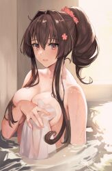 Rule 34 | 1girl, alternate hairstyle, bathing, breast press, breasts, brown eyes, brown hair, cherry blossoms, commentary request, covering privates, covering breasts, flower, hair between eyes, hair flower, hair ornament, hair up, high ponytail, highres, holding, holding towel, kantai collection, kasumi (skchkko), large breasts, long hair, looking at viewer, nude cover, open mouth, partially submerged, sidelocks, smile, solo, towel, wet, yamato (kancolle)