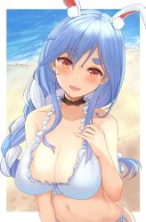 Rule 34 | 1girl, :d, animal ear fluff, animal ears, beach, bikini, black choker, blue hair, blush, border, bow, braid, braided ponytail, breasts, choker, cleavage, collarbone, day, extra ears, hair between eyes, hair bow, hand on own chest, head tilt, highres, hololive, large breasts, long hair, looking at viewer, mature female, navel, open mouth, orange eyes, outdoors, outside border, panties, pekomama, rabbit ears, rabbit girl, saito (pigrank), side-tie bikini bottom, side-tie panties, smile, solo, swimsuit, thick eyebrows, underwear, upper body, virtual youtuber, water, white border, white bow