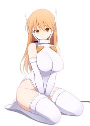 Rule 34 | 1girl, :o, android, bare shoulders, between legs, breasts, choker, commentary request, covered erect nipples, detached sleeves, empty eyes, full body, hand between legs, highres, impossible clothes, impossible leotard, kurikara, large breasts, leotard, long hair, long sleeves, looking at viewer, orange eyes, orange hair, parted lips, robot ears, seiza, serio (to heart), simple background, sitting, solo, thighhighs, thighs, to heart, to heart (series), tsurime, v arms, white background