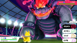 Rule 34 | 2boys, animal costume, bowser, bracelet, breath weapon, breathing fire, cat boy, cat costume, cat mario, company connection, creatures (company), crossover, derivative work, dynamax, eye contact, fire, fury bowser, game freak, gameplay mechanics, giant, gigantamax, gigantamax (other), glowing, glowing eyes, glowing hair, gonzarez, horns, indoors, japanese text, jewelry, looking at another, mario, mario (series), multiple boys, nintendo, no pupils, parody, pokemon, pokemon swsh, red hair, shiny skin, size difference, spiked bracelet, spikes, stadium, super mario 3d world
