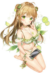 Rule 34 | 1girl, ahoge, artist name, bare legs, bare shoulders, barefoot, bikini, blush, bow, breasts, brown hair, choker, cleavage, collarbone, commentary, double bun, food, frilled bikini, frills, fruit, full body, girls&#039; frontline, green eyes, hair between eyes, hair bow, hair bun, hand up, handheld game console, head tilt, holding, holding handheld game console, innertube, lime (fruit), long hair, looking at viewer, medium breasts, narae, navel, paint on body, paint splatter, plaid, plaid bikini, rfb (girls&#039; frontline), ribbon, see-through, seiza, side bun, sidelocks, sitting, smile, solo, stomach, stuffed animal, stuffed toy, swim ring, swimsuit, teddy bear, thighs, transparent, very long hair, w, white background, white bikini, wrist ribbon