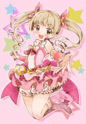 Rule 34 | 1girl, bare shoulders, belly chain, bloomers, blush, boots, bow, bowtie, brown eyes, brown hair, dot nose, dress, flat chest, frilled skirt, frills, full body, hair bow, hair ribbon, idolmaster, idolmaster cinderella girls, idolmaster cinderella girls starlight stage, jewelry, jumping, knee boots, layered skirt, leaning back, long hair, looking at viewer, magical girl, michii yuuki, open hand, open mouth, pink background, pink bow, pink bowtie, pink dress, pink footwear, pink wristband, reaching, reaching towards viewer, red ribbon, ribbon, skirt, sleeveless, sleeveless dress, smile, solo, star (symbol), star ornament, starry background, twintails, underwear, white bloomers, yokoyama chika