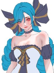 Rule 34 | 1girl, absurdres, bare shoulders, black bow, black choker, blush, bow, breasts, choker, closed mouth, collarbone, drill hair, green eyes, green hair, gwen (league of legends), hair bow, heterochromia, highres, jjugumibeeo (uuuumchit), league of legends, long hair, medium breasts, puffy short sleeves, puffy sleeves, red eyes, short sleeves, simple background, smile, solo, twin drills, twintails, upper body, white background