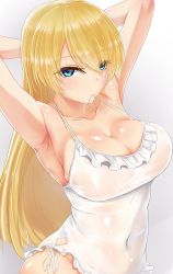 Rule 34 | 10s, 1girl, alternate hair length, alternate hairstyle, armpits, arms behind head, arms up, blonde hair, blue eyes, breasts, cleavage, closed mouth, collarbone, commentary request, covered navel, darjeeling (girls und panzer), eyes visible through hair, frilled swimsuit, frills, girls und panzer, gradient background, hair down, hair tie in mouth, half-closed eyes, large breasts, long hair, looking at viewer, mouth hold, naughty face, one-piece swimsuit, saezu habaki, shiny clothes, shiny skin, side-tie swimsuit, solo, standing, swimsuit, upper body, white one-piece swimsuit