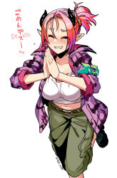 Rule 34 | 1girl, belt, breasts, cargo shorts, closed eyes, collarbone, demon girl, demon horns, duel monster, horns, jacket, large breasts, midriff, muckraker from the underworld, navel, open clothes, open jacket, own hands together, pink hair, ponytail, rolling eyes, sharp teeth, shorts, smile, solo, standing, standing on one leg, teeth, tsukinami kousuke, yu-gi-oh!