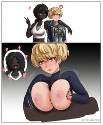 Rule 34 | 1futa, 1girl, angry, arm on another&#039;s shoulder, black hair, blonde hair, breasts, censored, closed eyes, clothed sex, dungeon fighter online, embarrassed, female pov, futa with female, futanari, grabbing, grabbing another&#039;s breast, grabbing own breast, heart, large penis, looking at viewer, lucille redmayne, medium hair, mosaic censoring, nipples, open mouth, paizuri, penis, ponytail, pov, short hair, smile, sweat, umeyiyo, yellow eyes