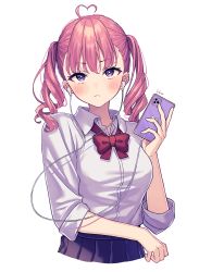 Rule 34 | 1girl, absurdres, ahoge, blue skirt, blush, bow, bowtie, closed mouth, collared shirt, dress shirt, earbuds, earphones, frown, hand up, highres, holding, holding phone, long hair, long sleeves, looking at viewer, lq saku, original, phone, pink eyes, pink hair, pleated skirt, red bow, red bowtie, school uniform, shirt, simple background, skirt, solo, twintails, white background, white shirt