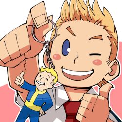 Rule 34 | 1boy, blonde hair, blue eyes, blush stickers, boku no hero academia, crossover, fallout (series), look-alike, looking at viewer, male focus, merchandise, one eye closed, sasaki sakichi, short hair, smile, solo, spiked hair, thumbs up, togata mirio, vault boy