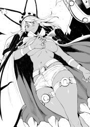 Rule 34 | 1girl, amano don, belt, belt bra, breasts, cape, clover, dark-skinned female, dark skin, floating object, floating sword, floating weapon, four-leaf clover, greyscale, guilty gear, guilty gear xrd, highres, large breasts, long hair, looking at viewer, monochrome, navel, ramlethal valentine, short shorts, shorts, solo, sword, thigh strap, thighs, underboob, weapon