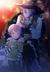 Rule 34 | 2boys, child, curtains, dual persona, hand up, hat, highres, kamishiro rui, layered sleeves, long sleeves, male focus, manami (aph-23), multiple boys, project sekai, purple hair, shirt, short over long sleeves, short sleeves, time paradox, vest, yellow eyes