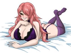 Rule 34 | 1girl, absurdres, arc system works, ass, bare shoulders, black sclera, blazblue, blush, bra, breasts, colored sclera, garter belt, hair over one eye, highres, huge breasts, konoe a. mercury, long hair, looking at viewer, lying, nail polish, nayaase beleguii, on stomach, orange eyes, pink hair, purple thighhighs, shiny skin, smile, solo, thighhighs, thong, underwear