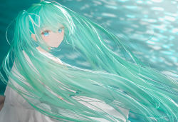 Rule 34 | 1girl, aqua eyes, aqua hair, blurry, blurry background, closed mouth, commentary, dress, hair between eyes, hair ribbon, hatsune miku, highres, long hair, looking at viewer, looking back, ojay tkym, outdoors, ribbon, solo, symbol-only commentary, twintails, very long hair, vocaloid, water, white dress, white ribbon