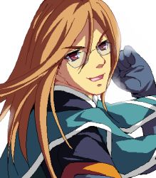 Rule 34 | 00s, 1boy, backlighting, brown eyes, brown hair, enoo, glasses, gloves, jade curtiss, jaggy lines, long hair, lowres, male focus, oekaki, simple background, smile, solo, tales of (series), tales of the abyss, white background