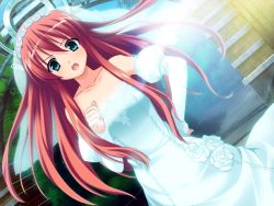 Rule 34 | 1girl, angry, blue eyes, bride, day, dress, game cg, gloves, kamo rikka, long hair, narumi suzune, open mouth, outdoors, prawf clwyd, red hair, solo, souryuu (double dragon), wedding dress