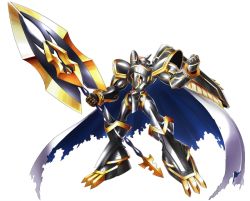 Rule 34 | alphamon, alphamon ouryuken, armor, cape, digimon, digimon story: cyber sleuth, full armor, gauntlets, kyūkyoku senjin ouryūken, monster, no humans, official art, royal knights, shoulder pads, simple background, solo, sword, weapon, white background, yasuda suzuhito