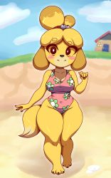 Rule 34 | 1girl, absurdres, alternate costume, animal crossing, animal ears, animal hands, bare shoulders, barefoot, beach, bell, blonde hair, blue sky, blush stickers, breasts, brown eyes, claws, cleavage, closed mouth, cloud, collarbone, day, dog ears, dog girl, dog tail, female focus, fingernails, floral print, full body, furry, furry female, groin, hair bell, hair ornament, hair tie, hand up, happy, highres, house, isabelle (animal crossing), jingle bell, large breasts, looking at viewer, nintendo, one-piece swimsuit, outdoors, pink one-piece swimsuit, raised eyebrow, sand, seashell, shell, shiny skin, short hair, simmsy, sky, smile, solo, standing, swimsuit, tail, thick thighs, thighs, topknot, walking, wide hips