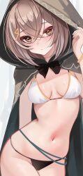 Rule 34 | 1girl, bracelet, breasts, brown eyes, brown hair, cloak, hair ornament, hairclip, highres, hololive, hololive english, hood, hooded cloak, jewelry, looking at viewer, nanashi mumei, navel, rifufu, solo, swimsuit, virtual youtuber