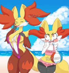 Rule 34 | 2girls, animal ear fluff, animal ears, areola slip, artist name, ball, beach, beachball, bikini, blue sky, blush, braixen, breasts, cameltoe, clenched hand, clothed pokemon, cloud, cowboy shot, creatures (company), day, delphox, embarrassed, closed eyes, fangs, female focus, flat chest, fox ears, fox tail, frilled bikini, frills, furry, furry female, game freak, gen 6 pokemon, hand on own chest, hand on own face, hand up, hands up, happy, highres, holding, jpeg artifacts, large breasts, looking at another, looking to the side, looking up, mezmaroon, mother and daughter, multiple girls, nintendo, ocean, one-piece swimsuit, open mouth, outdoors, pink bikini, pokemon, pokemon (creature), purple one-piece swimsuit, red eyes, sand, signature, sky, slingshot swimsuit, smile, standing, swimsuit, tail, textless version, thigh gap, water