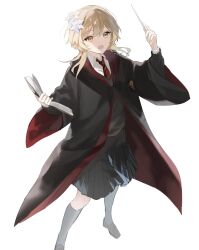 Rule 34 | 1girl, black coat, black skirt, black socks, black sweater, blonde hair, book, coat, collared shirt, crossover, full body, genshin impact, harry potter (series), highres, hogwarts school uniform, holding, holding book, holding stick, kneehighs, loafers, long sleeves, looking up, lumine (genshin impact), necktie, open mouth, pleated skirt, red necktie, red trim, school uniform, shirt, shoes, simple background, skirt, socks, solo, standing, stick, sweater, umenoume, white background, white shirt, wide sleeves, wizarding world, yellow eyes