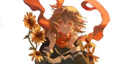 Rule 34 | 1girl, absurdres, brown hair, floating scarf, flower, hair ornament, hairclip, highres, holding, holding clothes, holding scarf, kagerou project, orange theme, red eyes, red scarf, scarf, school uniform, shading, smile, solo, sunflower, tateyama ayano, ttearecoll, white background