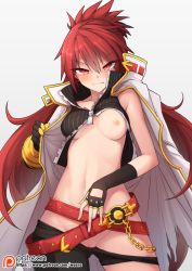 Rule 34 | 1girl, asymmetrical clothes, asymmetrical gloves, belt, belt skirt, black gloves, blazing heart (elsword), blush, breasts, breasts apart, chain, chinese commentary, clothes pull, coat, commentary request, cowboy shot, elesis (elsword), elsword, eyes visible through hair, fingerless gloves, gloves, gluteal fold, grin, hair between eyes, long hair, looking at viewer, md5 mismatch, medium breasts, navel, nipples, one breast out, pants, pants pull, parted lips, patreon username, pussy, red eyes, red hair, resolution mismatch, revision, simple background, single pantsleg, smile, solo, source larger, spiked hair, standing, uneven gloves, v-shaped eyebrows, waero, white background
