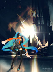 Rule 34 | 1girl, hatsune miku, long hair, orange scarf, redjuice, scarf, solo, song name, thighhighs, very long hair, vocaloid