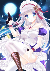 Rule 34 | 1girl, :o, animal hair ornament, bare shoulders, blue eyes, boots, bow, braid, breasts, cleavage, cloud, collarbone, detached sleeves, dress, finger on trigger, full moon, garter straps, glock, grey hair, gun, hair bow, handgun, highres, holding, holding gun, holding weapon, looking at viewer, maid, maid headdress, moe2015, moon, night, night sky, off-shoulder dress, off shoulder, original, parted lips, pistol, puffy short sleeves, puffy sleeves, red bow, shell casing, short sleeves, sky, strapless, strapless dress, thighhighs, uonuma yuu, weapon, white thighhighs