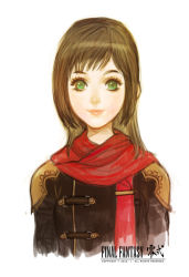 Rule 34 | 1girl, bad id, bad pixiv id, brown hair, copyright name, deuce (fft-0), final fantasy, final fantasy type-0, green eyes, j (onose1213), long hair, red scarf, scarf, simple background, solo, upper body, white background