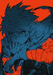 Rule 34 | 1boy, boku no hero academia, bruise, bruise on face, cape, closed mouth, freckles, gloves, green eyes, hand up, highres, injury, knee up, looking at viewer, male focus, matsuya (pile), midoriya izuku, red background, red sleeves, short hair, solo, torn cape, torn clothes
