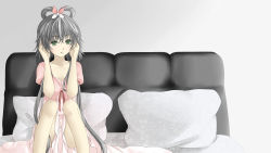 Rule 34 | bed, green eyes, grey hair, highres, long hair, luo tianyi, solo, vocaloid, yanyan