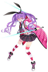 Rule 34 | 1girl, absurdres, artist request, character request, copyright request, dual wielding, full body, hairband, highres, holding, holding sword, holding weapon, jacket, kansen x shoujo, long hair, pink eyes, purple hair, shoes, simple background, smile, sneakers, solo, striped clothes, striped thighhighs, suspenders, sword, thighhighs, weapon, white background