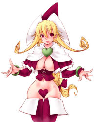 Rule 34 | 1girl, blonde hair, breasts, christmas, elbow gloves, fuyube rion, gloves, hat, heart, heart c-string, heart maebari, large breasts, long hair, looking at viewer, maebari, no bra, red eyes, revealing clothes, ribbon, sandra (sandra witch), sandra witch, sandra witch (character), simple background, smile, solo, thighhighs, very long hair, white background