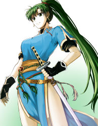 Rule 34 | 1girl, absurdres, belt, breasts, commentary, delsaber, earrings, fingerless gloves, fire emblem, fire emblem: the blazing blade, gloves, gradient background, green eyes, green hair, hand on own hip, highres, holding, jewelry, long hair, looking at viewer, lyn (fire emblem), medium breasts, nintendo, pelvic curtain, ponytail, sheath, sheathed, short sleeves, simple background, smile, solo, sword, very long hair, weapon