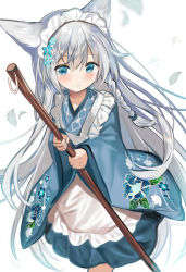 Rule 34 | 1girl, animal ear fluff, animal ears, apron, blue eyes, blue flower, blue kimono, blush, braid, commentary request, commission, floral print, flower, frilled apron, frills, fuepo, hair between eyes, hair flower, hair ornament, highres, holding, japanese clothes, kimono, long hair, long sleeves, looking at viewer, maid, maid apron, maid headdress, original, print kimono, silver hair, simple background, sleeves past wrists, solo, very long hair, wa maid, white apron, white background, wide sleeves