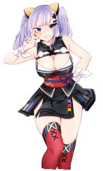 Rule 34 | 1girl, absurdres, bare arms, bare shoulders, black nails, blue eyes, blunt bangs, breasts, cleavage, cleavage cutout, clothing cutout, commentary, cropped legs, dress, grin, hair ornament, hairclip, hand on own hip, hand up, highres, kaguya luna, large breasts, leg up, looking at viewer, medium hair, nail polish, obi, purple hair, red thighhighs, ribbon, sash, shiny skin, short dress, sidelocks, simple background, sleeveless, sleeveless dress, smile, solo, standing, the moon studio, thighhighs, thighs, tsurime, twintails, v over eye, virtual youtuber, white background, white ribbon, wrist ribbon, yukina (masyumaro610)