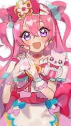 Rule 34 | blush, bow, chiro (chi-bu-ko), cure precious, delicious party precure, dress, earrings, gloves, hair bow, heart, heart earrings, jewelry, kome-kome (precure), long hair, looking at viewer, magical girl, pale skin, pink hair, precure, purple eyes