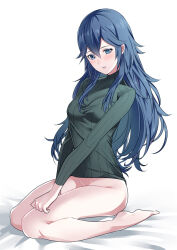 Rule 34 | 1girl, alternate costume, ameno (a meno0), black sweater, blue eyes, bottomless, breasts, fire emblem, fire emblem awakening, hand on leg, kneeling, long hair, lucina (fire emblem), nintendo, parted lips, ribbed sweater, seiza, sitting, small breasts, solo, sweater, white background