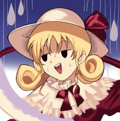 Rule 34 | 1girl, blonde hair, capelet, commentary request, curly hair, dress, elly (touhou), hat, hat ribbon, highres, holding, holding scythe, juliet sleeves, long sleeves, medium hair, neck ribbon, nervous sweating, open mouth, puffy sleeves, red dress, red ribbon, ribbon, scythe, solo, sun hat, sweat, sweatdrop, teeth, touhou, touhou (pc-98), turtle-kun, upper body, upper teeth only, white capelet, white hat