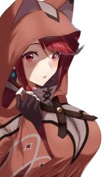 Rule 34 | 1girl, :o, absurdres, breasts, cleavage, fingerless gloves, gloves, highres, hood, large breasts, looking at viewer, official alternate costume, portrait, pyra (xenoblade), red eyes, red hair, simple background, solo, upper body, white background, xenoblade chronicles (series), xenoblade chronicles 2, yuuki shin