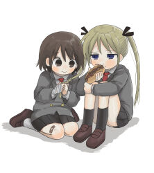 Rule 34 | 2girls, adjusting another&#039;s hair, bandaged hand, bandages, bandaid, bandaid on leg, black ribbon, black socks, blazer, blue eyes, blush, braiding hair, brown footwear, buttons, commentary request, concentrating, double-breasted, eating, food, full body, furrowed brow, grey jacket, hair ribbon, hairdressing, half-closed eyes, highres, holding, holding food, hugging own legs, jacket, jitome, kill me baby, kneehighs, loafers, long sleeves, looking at another, multiple girls, necktie, oribe yasuna, pleated skirt, raised eyebrows, red necktie, ribbon, shoes, simple background, sitting, skirt, socks, sonya (kill me baby), twintails, wariza, white background, yakisobapan, yasashii naizou