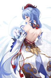 Rule 34 | 1girl, absurdres, ahoge, backless outfit, bare back, bare shoulders, black gloves, blue hair, commentary request, cowboy shot, detached sleeves, from behind, ganyu (genshin impact), genshin impact, gloves, highres, horns, long hair, long sleeves, looking at viewer, looking back, red eyes, skirt, solo, standing, styx, very long hair, white background, white skirt
