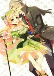 Rule 34 | 1boy, 1girl, 38kb (38shiki), age difference, atelier (series), atelier ayesha, ayesha altugle, ball, blonde hair, bow, capelet, coat, dress, dutch angle, fingerless gloves, flower, glasses, gloves, green dress, grey hair, hair flower, hair ornament, hat, hetero, jewelry, keithgrif hazeldine, long hair, pants, ring, shoes, smile, waist bow, wand, wrist cuffs, yellow eyes