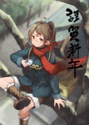 Rule 34 | 1girl, ahoge, arm support, boots, brown eyes, brown hair, cup, facial mark, forehead mark, makihitsuji, new year, original, pointy ears, red scarf, scarf, sitting, solo, tree