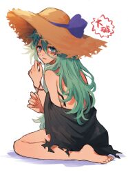 Rule 34 | 1girl, barefoot, bikini, blue eyes, crying, green hair, hair between eyes, hair ornament, hairclip, hat, highres, kantai collection, long hair, looking at viewer, parted lips, simple background, sitting, solo, straw hat, sumoffu, swimsuit, tears, torn clothes, very long hair, white background, yamakaze (kancolle)