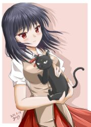 Rule 34 | 1girl, animal, artist name, black cat, black hair, blush, bob cut, border, bow, bowtie, breasts, brown vest, cat, checkered background, collared shirt, commentary, cross scar, dated, dress shirt, drop shadow, highres, holding, holding animal, holding cat, iori (school rumble), large breasts, light smile, looking at viewer, medium hair, neck ribbon, outside border, pink background, pleated skirt, red bow, red bowtie, red eyes, red ribbon, red skirt, ribbon, scar, scar on face, scar on forehead, school rumble, shirt, signature, skirt, smile, solo, standing, tsukamoto yakumo, upper body, vest, white border, white shirt, wind, yanapy